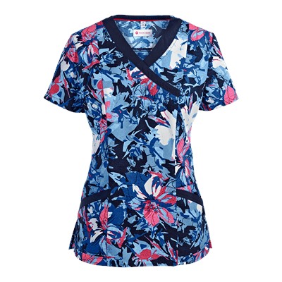White Cross Scrubs Denim Garden Print Top