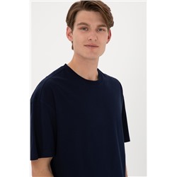 Erkek Long Fit Bisiklet Yaka Lacivert Basic Tişört