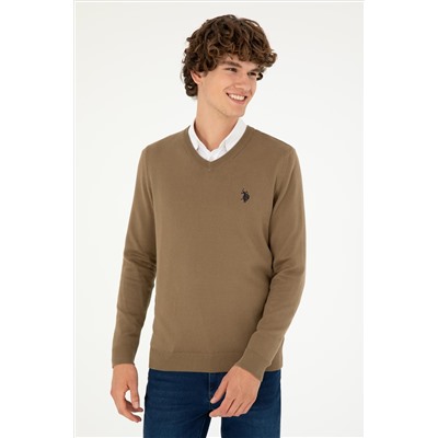 Erkek Slim Fit V Yaka Haki Basic Kazak