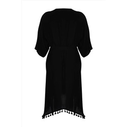 Siyah Etek Ucu Püsküllü Viskon Plaj Giyim Dokuma Büyük Beden Kimono&Kaftan TBBSS24DE00002