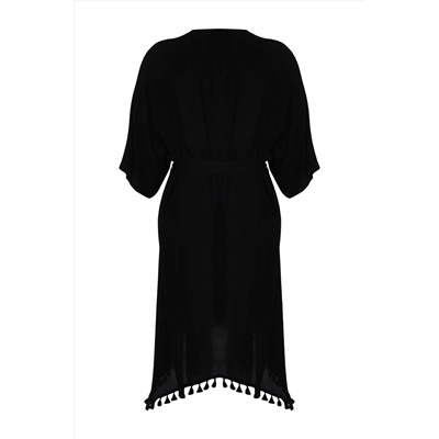 Siyah Etek Ucu Püsküllü Viskon Plaj Giyim Dokuma Büyük Beden Kimono&Kaftan TBBSS24DE00002