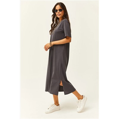 Olalook, Kadın Füme Yanı Yırtmaçlı Oversize Pamuk Elbise ELB-19001880