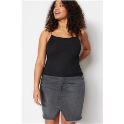 Siyah Spagetti Askılı Crop Fitilli Örme Büyük Beden Bluz TBBSS23AF00013