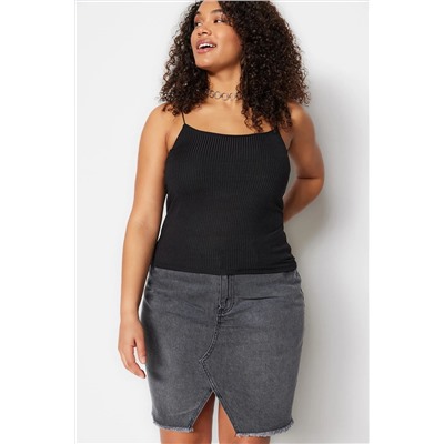 Siyah Spagetti Askılı Crop Fitilli Örme Büyük Beden Bluz TBBSS23AF00013