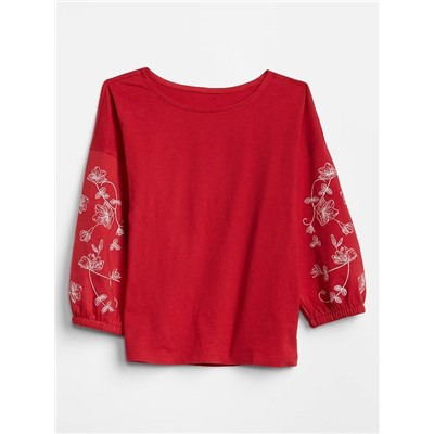 Embroidered Three-Quarter Sleeve T-Shirt in Jersey