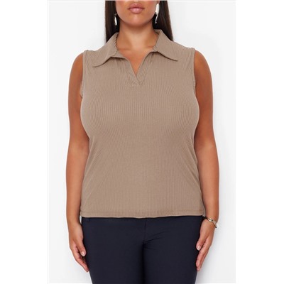 Bej Fitted/Vücuda Oturan Polo Yaka Esnek Örme Büyük Beden Bluz TBBSS24AF00065
