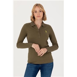 Kadın Haki Basic Polo Yaka Sweatshirt