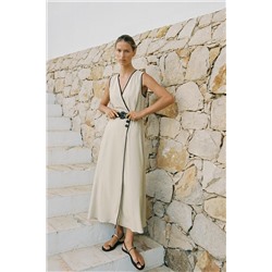 BELTED LINEN BLEND MIDI DRESS