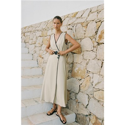 BELTED LINEN BLEND MIDI DRESS