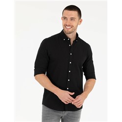 Siyah Slim Fit Keten Görünümlü Gömlek