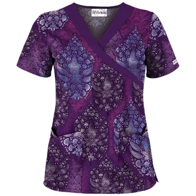 UA Paisley Bliss Eggplant Mock Crossover Scrub Top