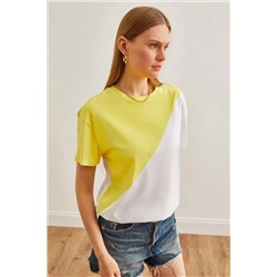 Olalook, Kadın Sarı Beyaz Asimetrik Bloklu Tişört TSH-19000350