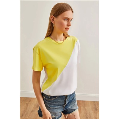 Olalook, Kadın Sarı Beyaz Asimetrik Bloklu Tişört TSH-19000350