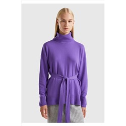 United Colors of Benetton Kadın Mor Yün Karışımlı Belden Bağlamalı Dik Yaka Kazak 123A1044D201Z