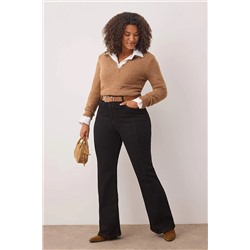 Özel Koleksiyon Siyah Yüksek Bel Nervürlü İspanyol Paça Büyük Beden Flare Jeans TBBAW26CJ00013