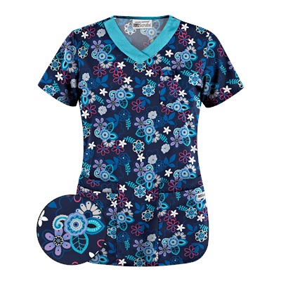 UA Mystic Garden Navy V-Neck Print Scrub Top