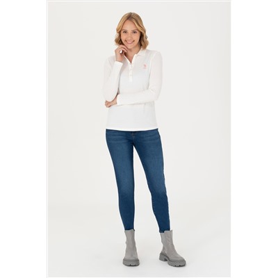 Kadın Ekru Basic Polo Yaka Sweatshirt