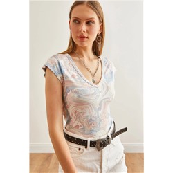 Olalook, Kadın Krema Pudra V Yaka Yumuşak Dokulu Esnek Viskon Crop Bluz BLZ-19002680