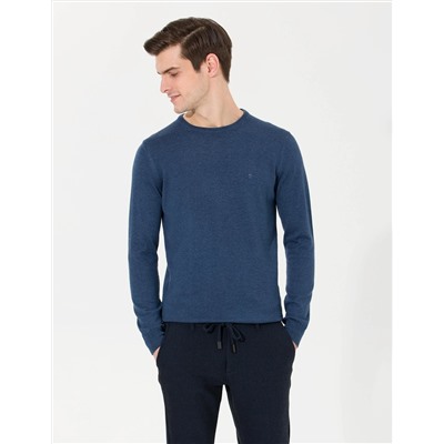 İndigo Melanj Slim Fit Bisiklet Yaka Basic Triko Kazak