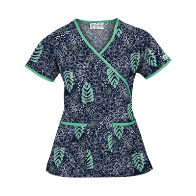 UA Tribal Palm Navy Mock Wrap Print Scrub Top