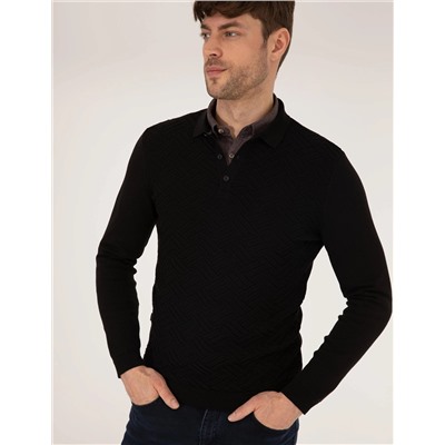 Siyah Slim Fit Polo Yaka Triko Kazak