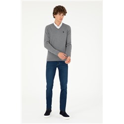 Erkek Slim Fit V Yaka Gri Melanj Basic Kazak