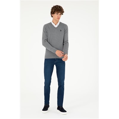 Erkek Slim Fit V Yaka Gri Melanj Basic Kazak