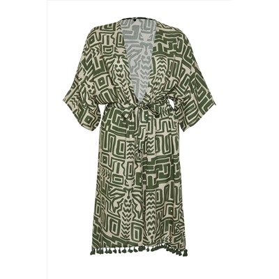 Çok Renkli Etek Ucu Püsküllü Yarasa Kol Viskon Plaj Giyim Büyük Beden Kimono&Kaftan TBBSS24DE00005