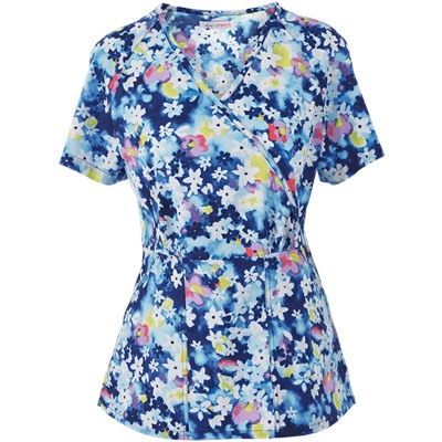 koi Stretch Scrubs River Floral Mock Wrap Print Top