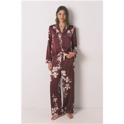 Pijama camisero largo floral granate