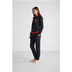 U.S. Polo Assn. Kadın %100 Pamuklu Lacivert & Kırmızı Kapüşonlu Dar Paça Sweatshirt-Eşofman Altı 2'li Pijama Takımı 26945