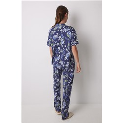 Pijama largo camisero 100% algodón azul flores