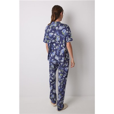 Pijama largo camisero 100% algodón azul flores