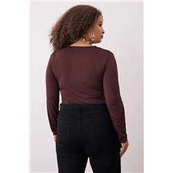 Kahverengi V Yaka Yakası Dantel Detaylı Çıtçıtlı Örme Büyük Beden Body TBBAW26CS00001