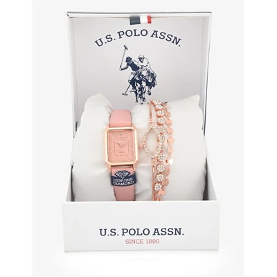 LADIES PINK SQUARE WATCH AND BRACELETS SET