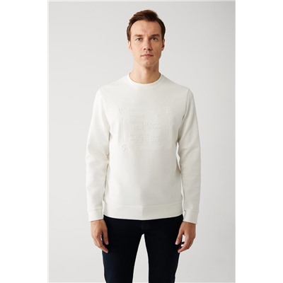 Beyaz İnterlok Kumaş Bisiklet Yaka Slogan Gofre Baskılı Regular Fit Standart Kesim Sweatshirt