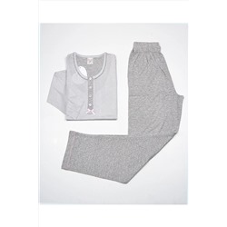 ANGELİNA Kadın Gri Çizgili Kalpli Uzunkol Bambu Mevsimlik Pijama Takımı6451 TYC00804744042