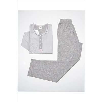 ANGELİNA Kadın Gri Çizgili Kalpli Uzunkol Bambu Mevsimlik Pijama Takımı6451 TYC00804744042