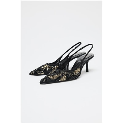 BEADED MESH HIGH-HEEL SLINGBACKS