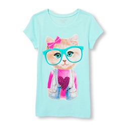 Girls Short Sleeve Hipster Cat Graphic Tee