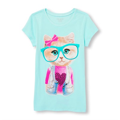 Girls Short Sleeve Hipster Cat Graphic Tee