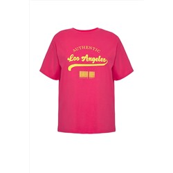 Pembe Geniş Kalıp Bisiklet Yaka Baskılı %100 Pamuk Örme T-shirt TBBSS23AH00131