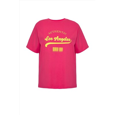 Pembe Geniş Kalıp Bisiklet Yaka Baskılı %100 Pamuk Örme T-shirt TBBSS23AH00131