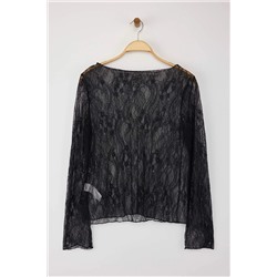 Siyah Regular Fit Kayık Yaka Dantel Esnek Örme Büyük Beden Bluz TBBAW26AF00031