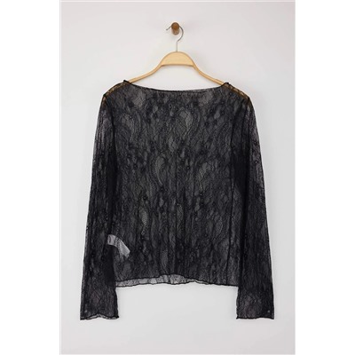 Siyah Regular Fit Kayık Yaka Dantel Esnek Örme Büyük Beden Bluz TBBAW26AF00031