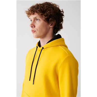 Sarı Kapüşonlu Yaka İçi Polarlı 3 İplik Pamuklu Regular Fit Standart Kesim Unisex Sweatshirt