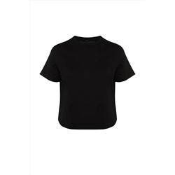 Siyah Bisiklet Yaka Dikiş Detaylı %100 Pamuk Örme Crop T-Shirt TBBSS23BF00037
