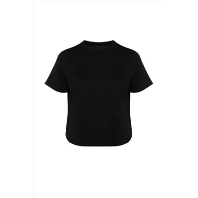 Siyah Bisiklet Yaka Dikiş Detaylı %100 Pamuk Örme Crop T-Shirt TBBSS23BF00037