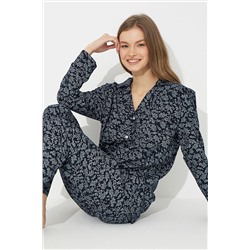 Siyah İnci Lacivert-Beyaz Pamuklu Düğmeli Pijama Takımı 7611