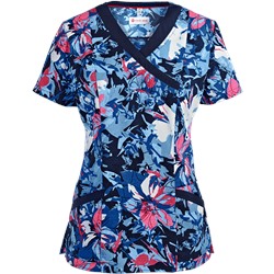 White Cross Scrubs Denim Garden Print Top